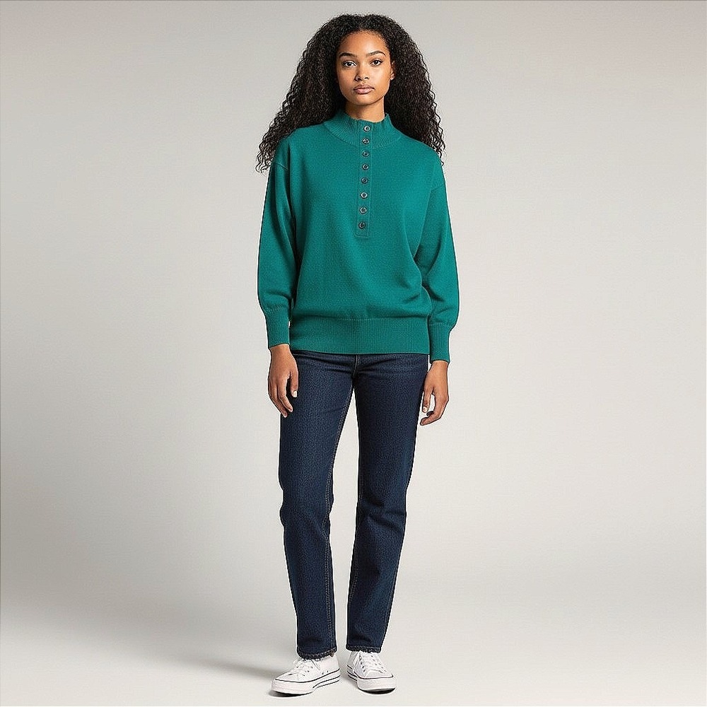 Micha Classic Women's Made In Denmark Green‎ Merino Wool Sweater 3/4 Sleeves